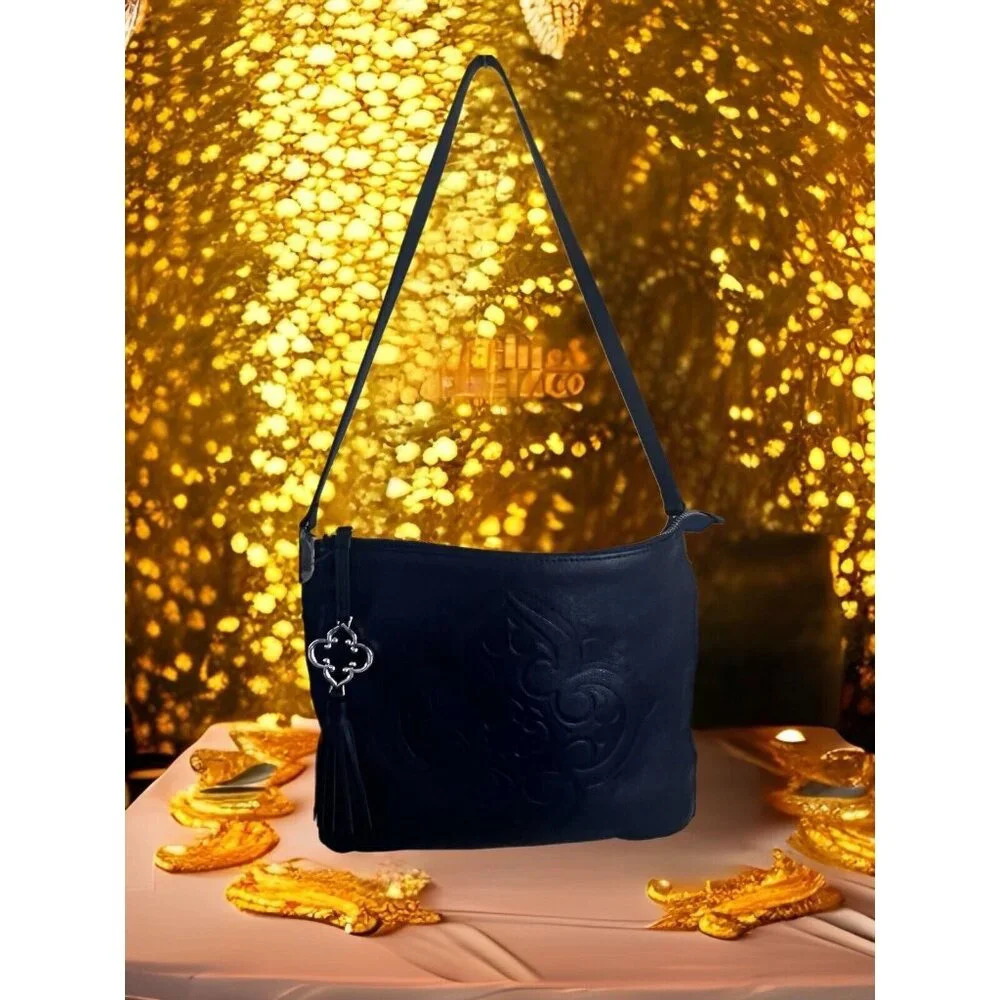 BRIGHTON - Slim, blue flowers embossed leather shoulder bag, expandable E952423